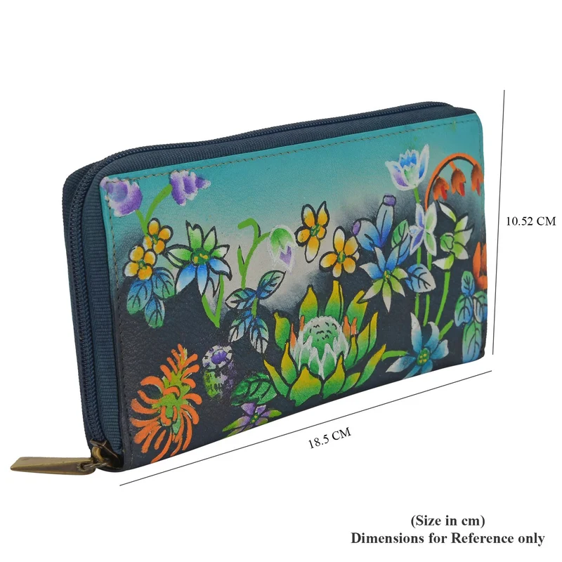 Sukriti - handbemalte Brieftasche aus echtem Leder mit RFID Schutz, Blumenmuster blau