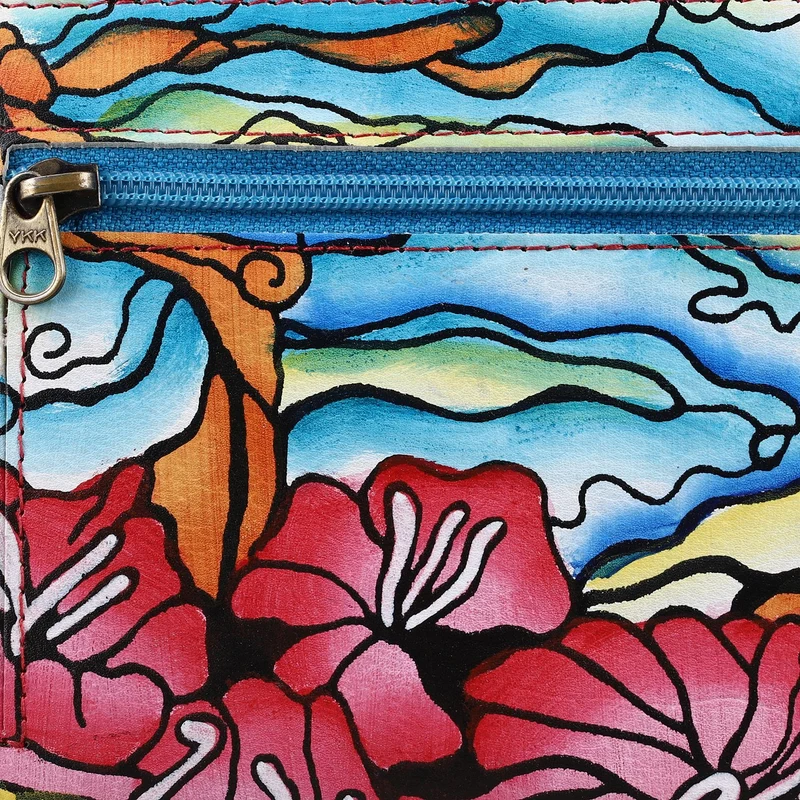 Sukriti - handbemalte Brieftasche aus echtem Leder mit RFID Schutz, Blumenmuster blau
