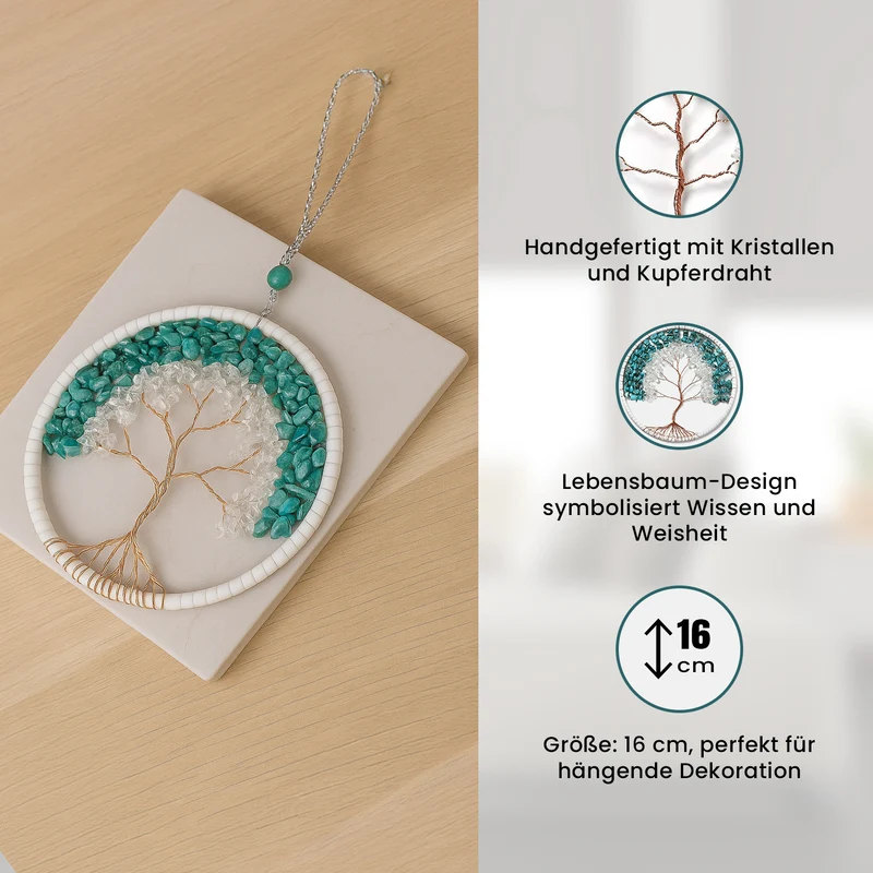 Handgefertigter Lebensbaum Traumfaenger aus Heilsteine Grüner Aventurin mit Kupferdraht ca 16 cm