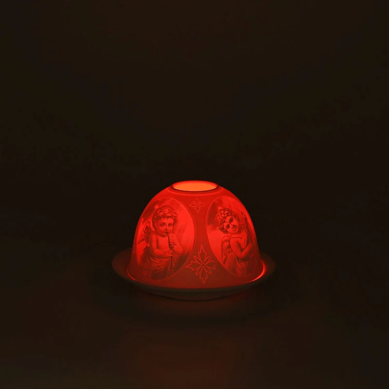 LED-Porzellan-Teelichthalter - Motiv Engel, 13-Farben-LED mit Fernbedienung, Durchmesser 10,5 cm, Höhe 7,5 cm
