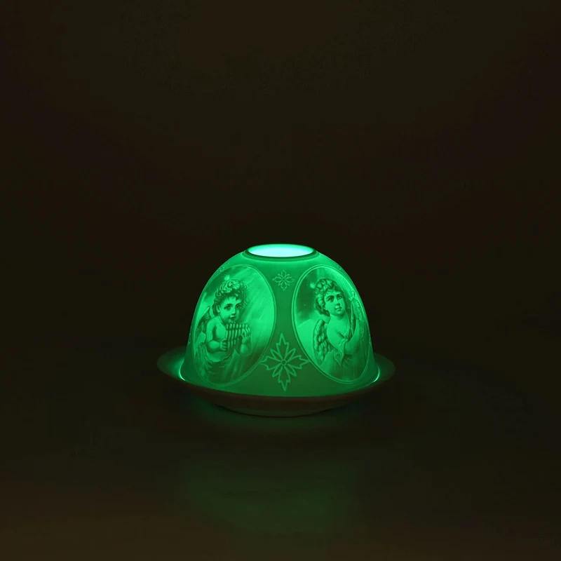 LED-Porzellan-Teelichthalter - Motiv Engel, 13-Farben-LED mit Fernbedienung, Durchmesser 10,5 cm, Höhe 7,5 cm