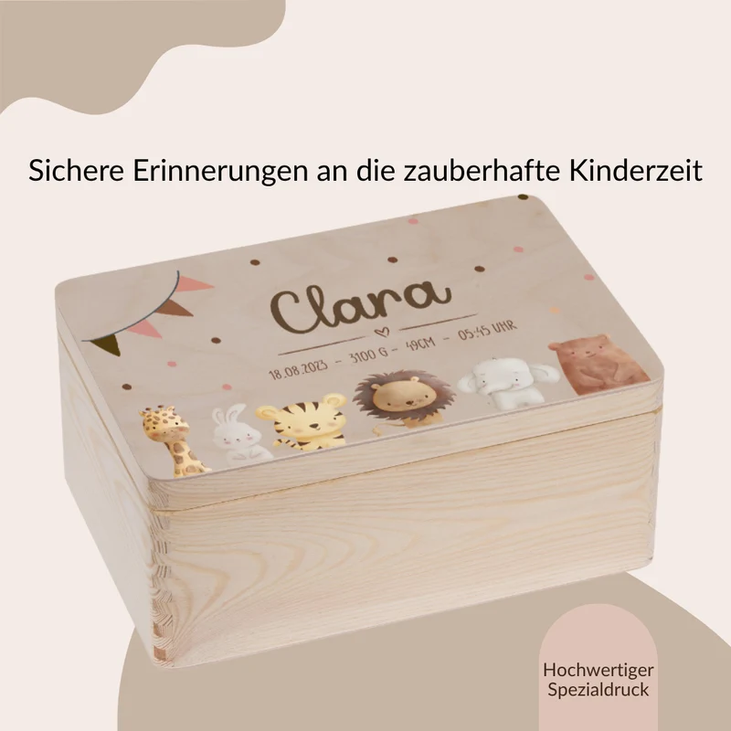 Erinnerungskiste Baby -mit Giraffe, Hase, Tiger, Löwe, Elefant und Bär