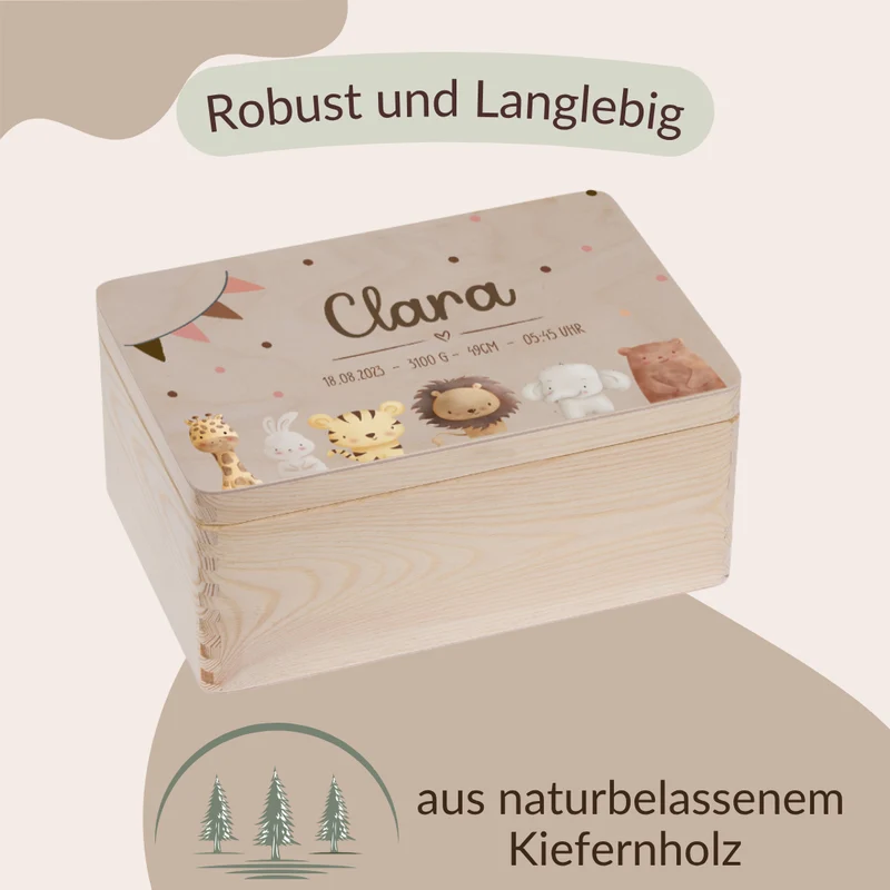 Erinnerungskiste Baby -mit Giraffe, Hase, Tiger, Löwe, Elefant und Bär