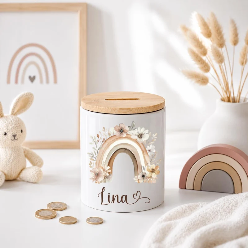Keramik Spardose mit Regenbogen
