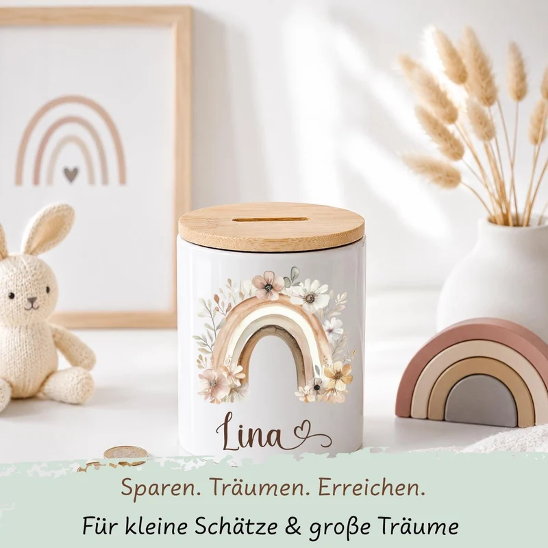 Keramik Spardose mit Regenbogen