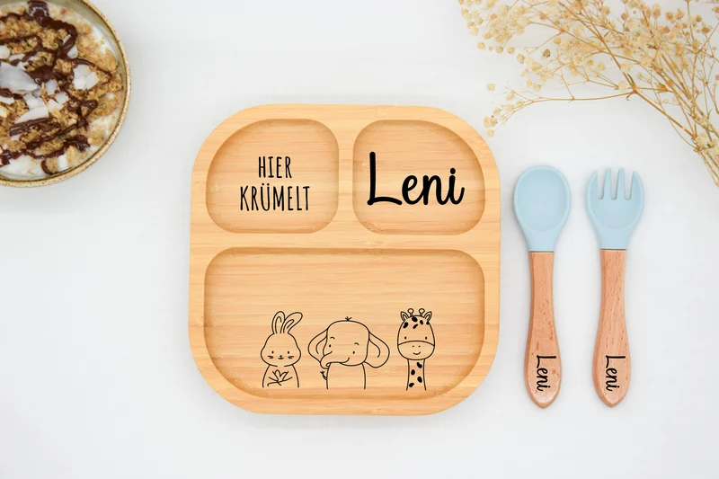Bambusteller mit Tiermotiv , Löwe, Tiger, Elefant