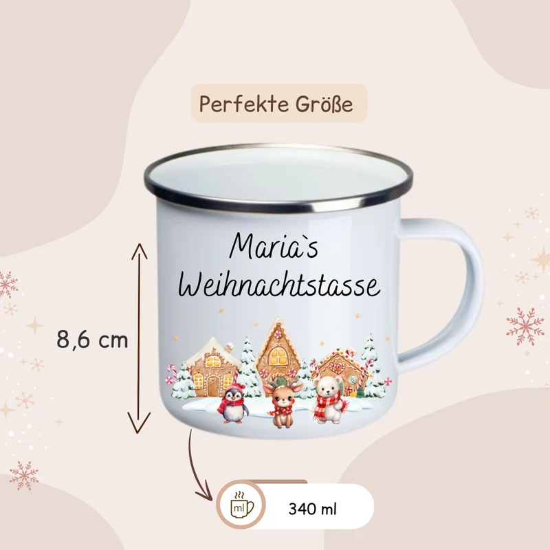 Weihnachtstasse - Lebkuchenhaus, Pinguin, Eisbär und Reh