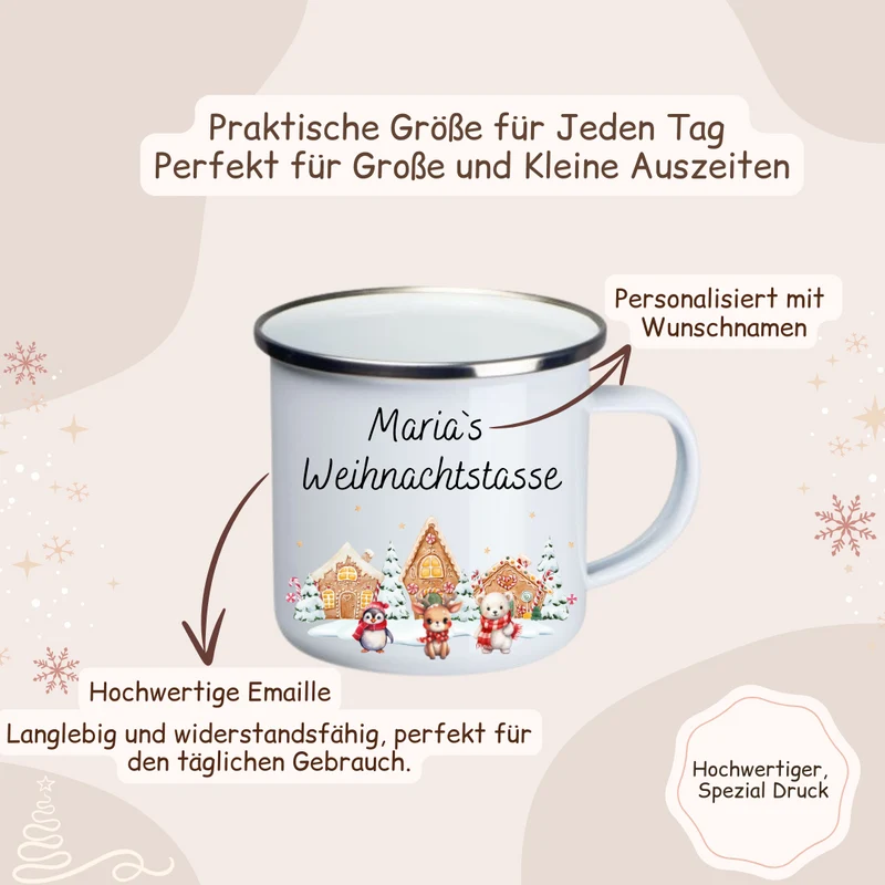 Weihnachtstasse - Lebkuchenhaus, Pinguin, Eisbär und Reh