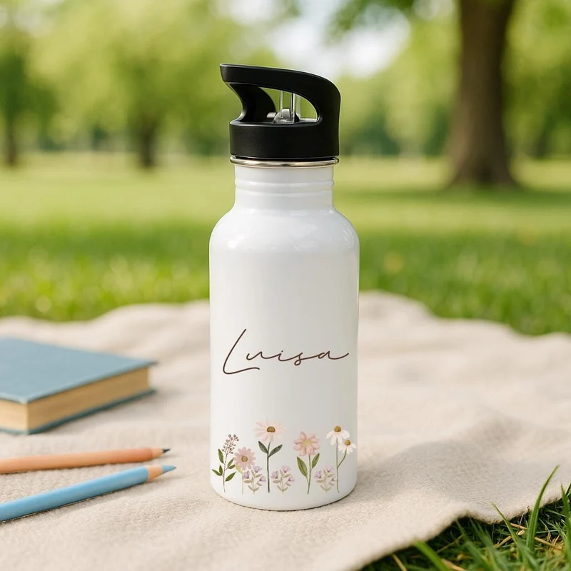 Trinkflasche Kinder personalisiert - Blumen