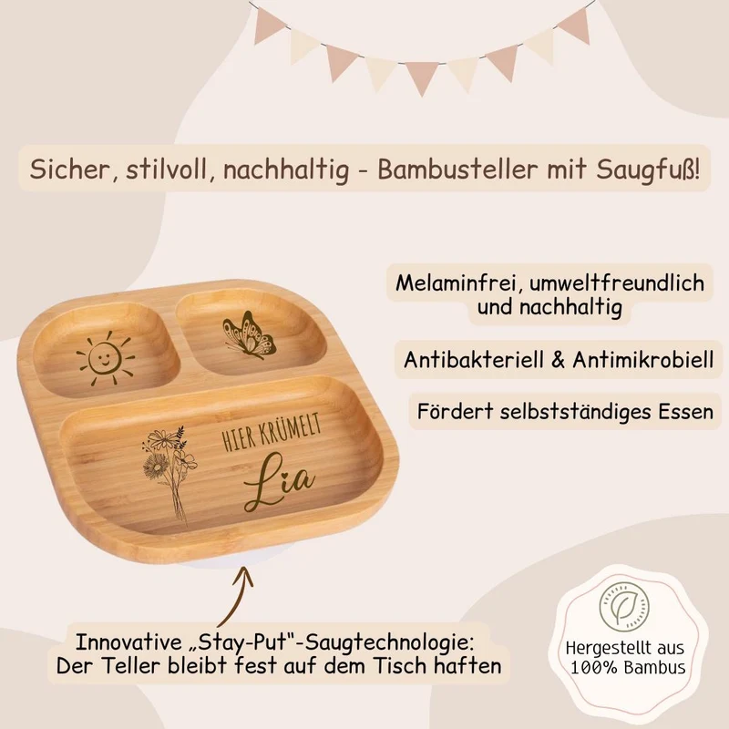 Bambusteller - Blumen, Schmetterling und Sonne