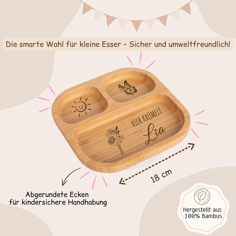 Bambusteller - Blumen, Schmetterling und Sonne