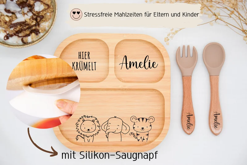 Bambusteller mit Tiermotiv , Löwe, Tiger, Elefant