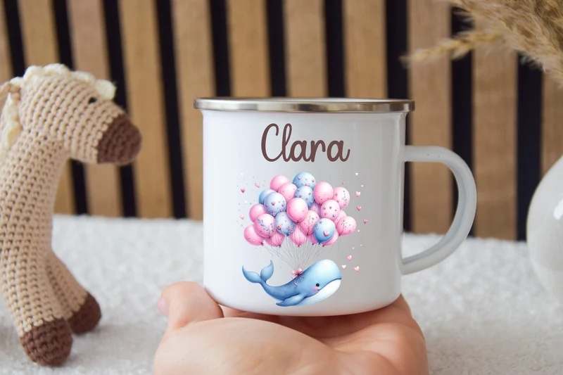 Emaille Kinder Tasse - Wal mit Ballons