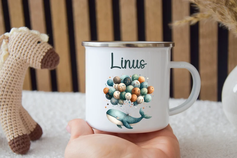 Emaille Kinder Tasse - Wal mit Ballons