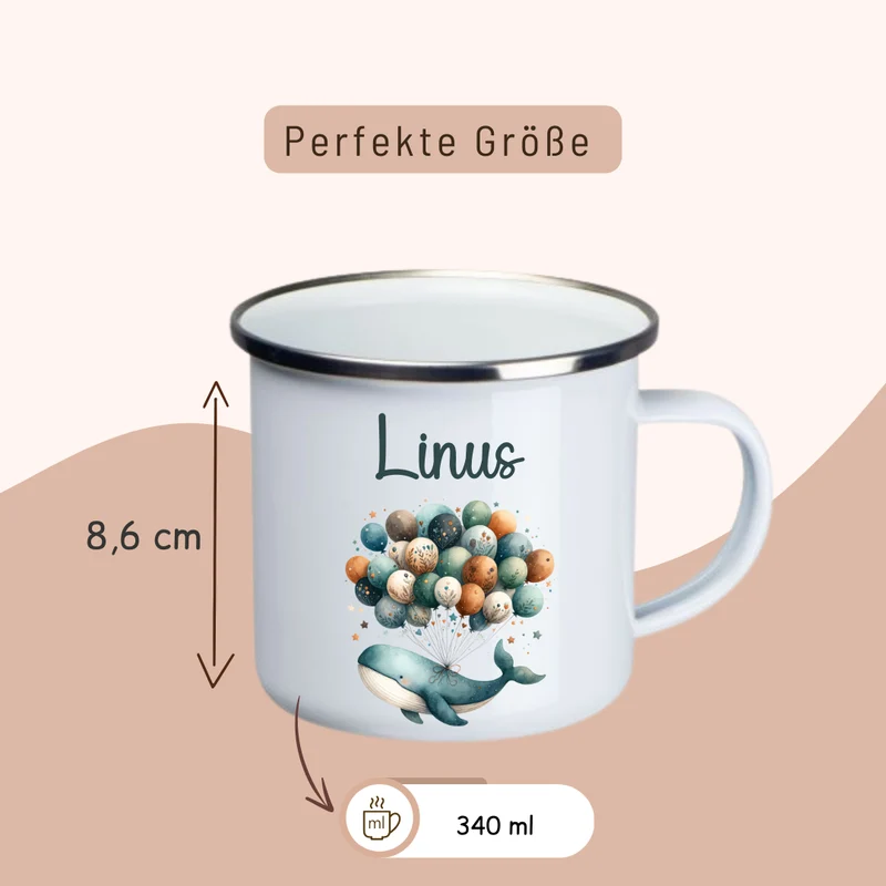 Emaille Kinder Tasse - Wal mit Ballons