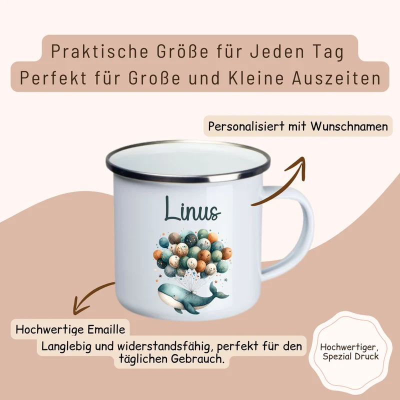 Emaille Kinder Tasse - Wal mit Ballons