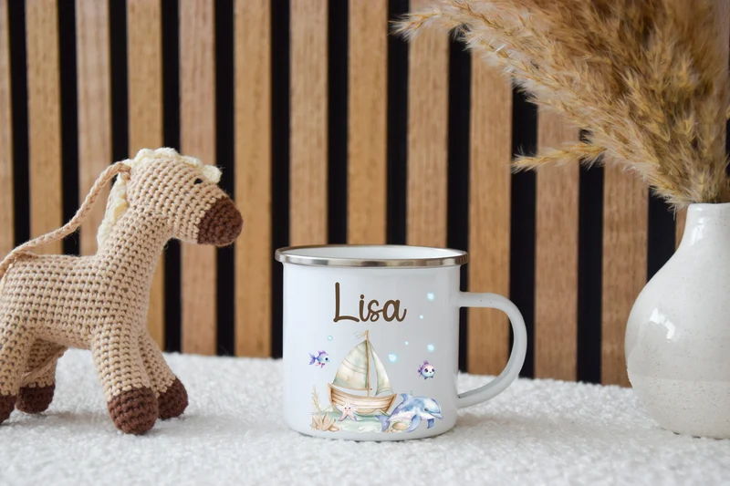 Emaille Kinder Tasse - Wal, Delphin, Schildkröte