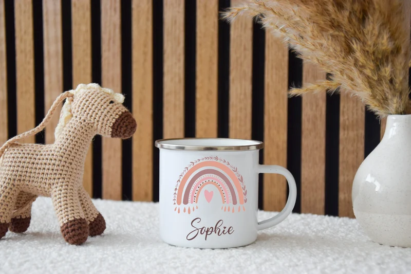 Emaille Kinder Tasse - Regenbogan Rosa