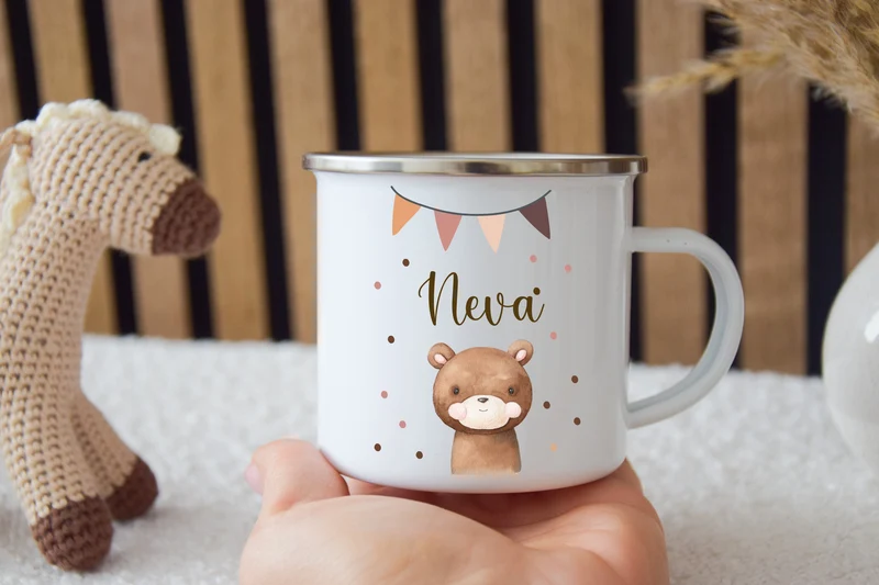 Emaille Kinder Tasse - wähle aus vielen versch. Tieren