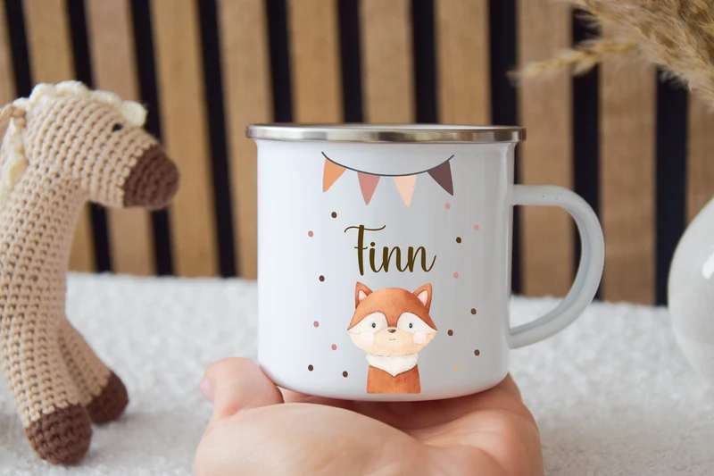 Emaille Kinder Tasse - wähle aus vielen versch. Tieren