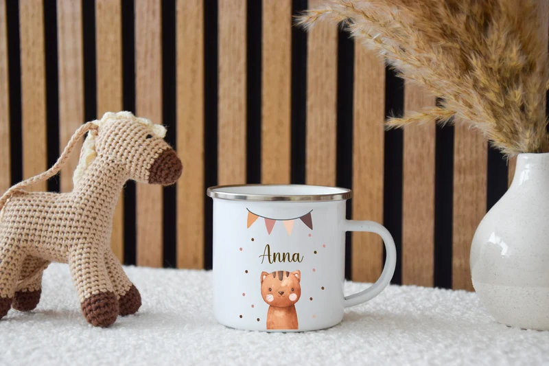 Emaille Kinder Tasse - wähle aus vielen versch. Tieren
