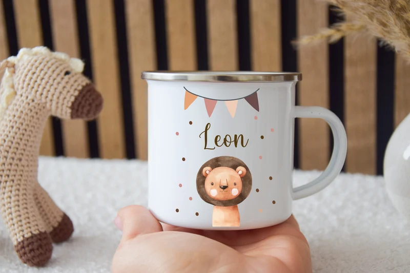Emaille Kinder Tasse - wähle aus vielen versch. Tieren