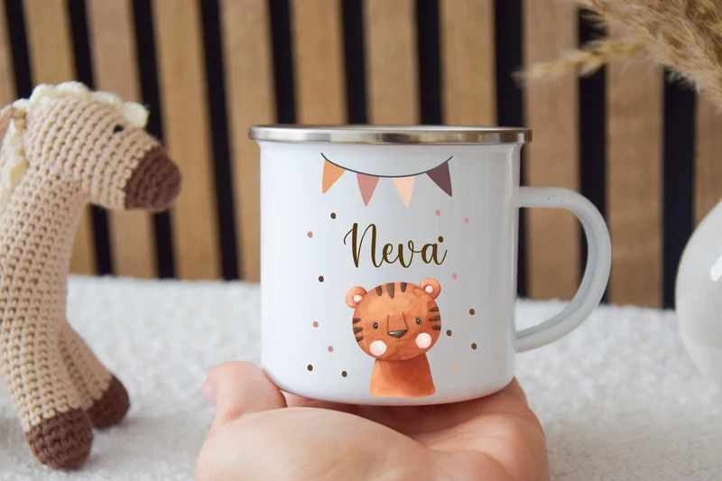 Emaille Kinder Tasse - wähle aus vielen versch. Tieren