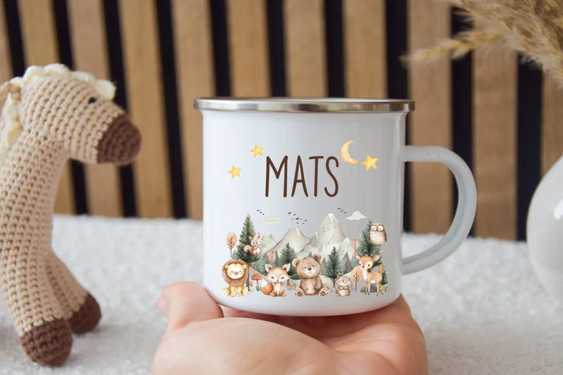 Emaille Kinder Tasse - Woodlandtieren und Berge