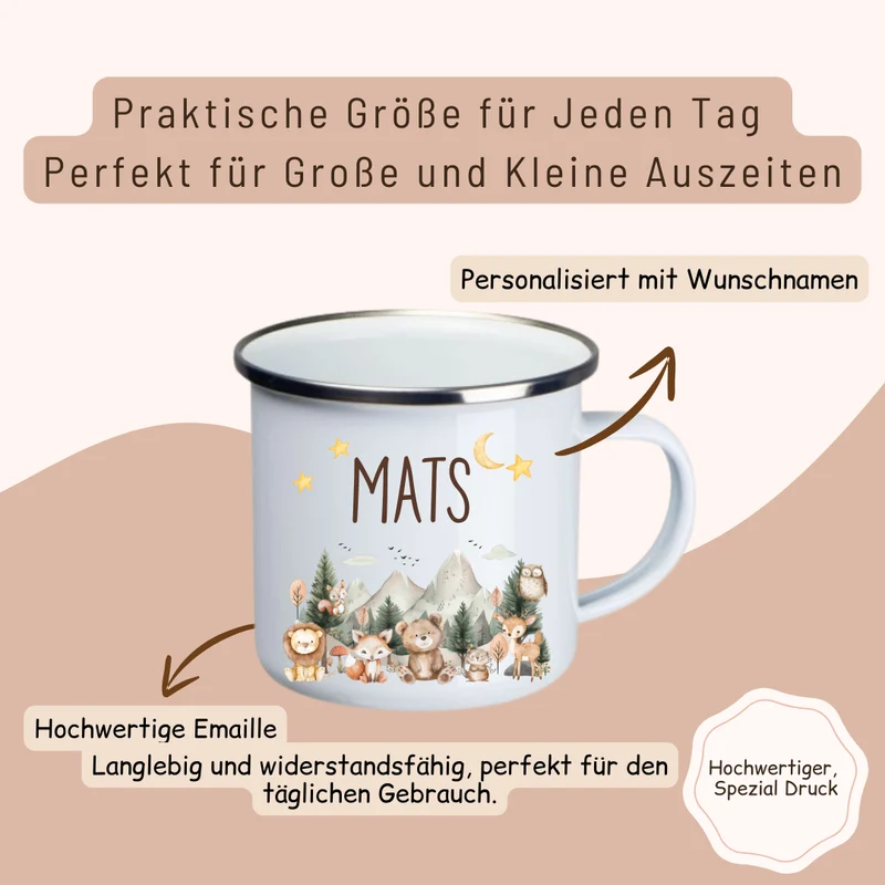 Emaille Kinder Tasse - Woodlandtieren und Berge