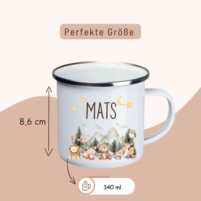 Emaille Kinder Tasse - Woodlandtieren und Berge