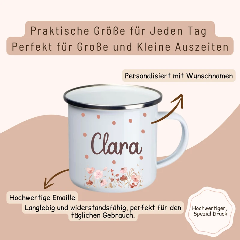 Emaille Kinder Tasse - mit Rosa Blumen