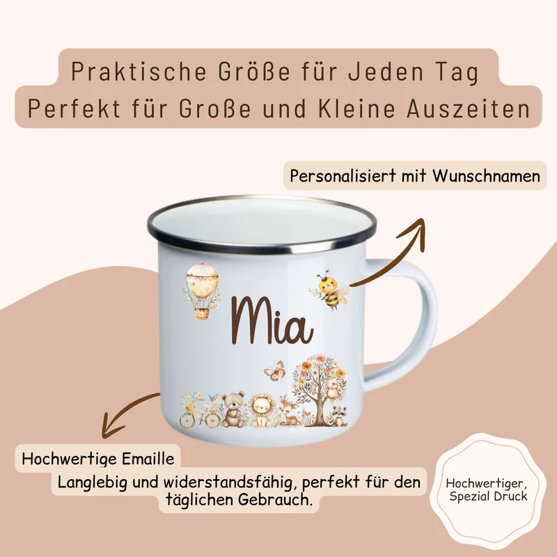 Emaille Kinder Tasse - Tieren, Heisluftballon