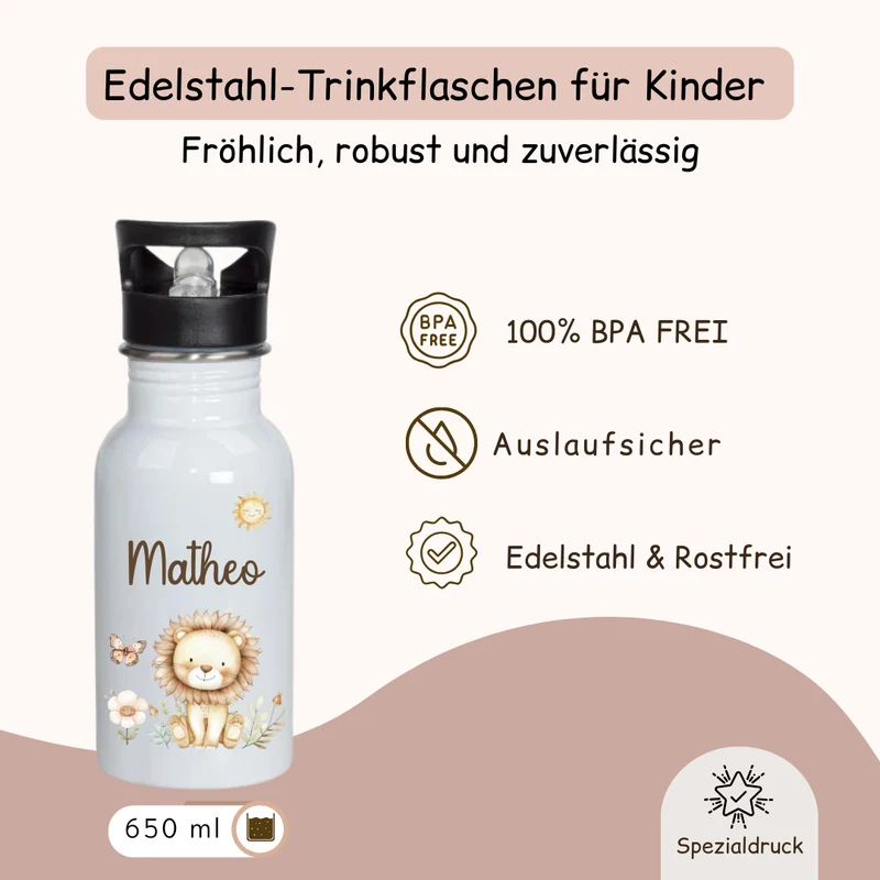 Trinkflasche personalisiert Kinder - mit versch. Tiermotiven
