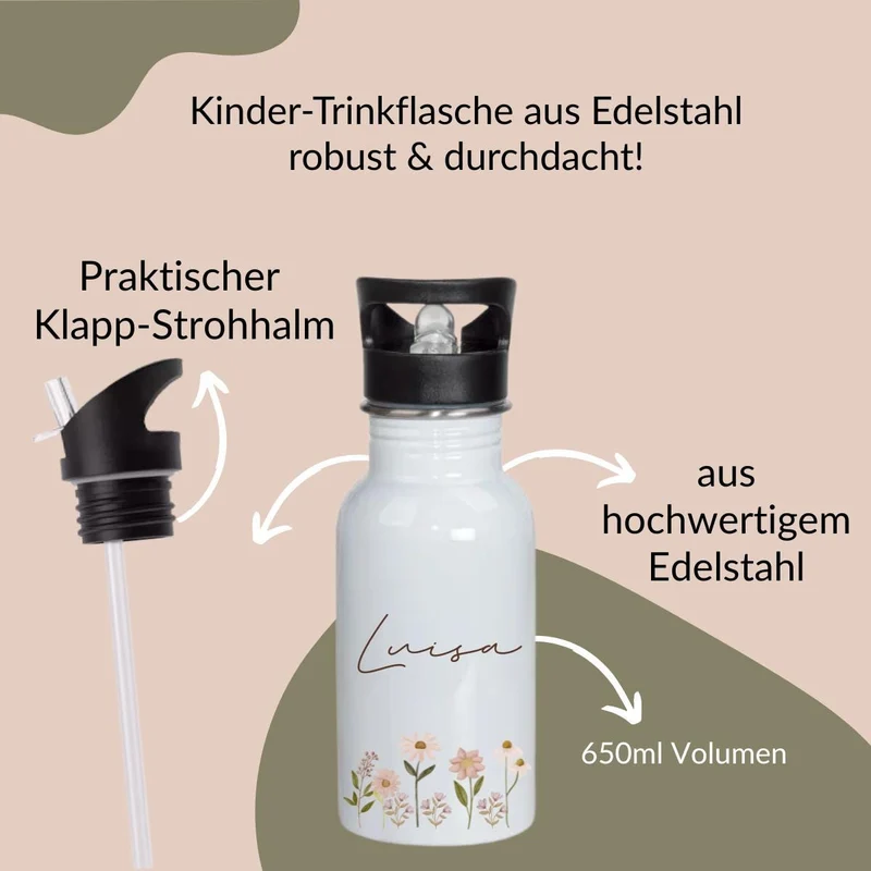 Trinkflasche Kinder personalisiert, Trinkflasche mit Namen, Kindergarten Schule, Geschenk Einschulung Mädchen, Trinkflasche Edelstahl Blume