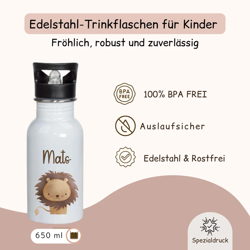 Trinkflasche personalisiert Kinder - mit versch. Tiermotiven
