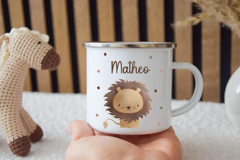 Emaille Kinder Tasse - Löwe, Tiger, Elefant, Hase, Bär und Giraffe