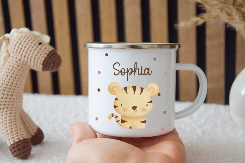 Emaille Kinder Tasse - Löwe, Tiger, Elefant, Hase, Bär und Giraffe