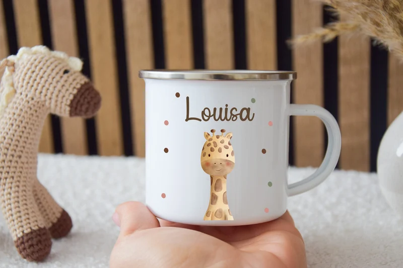Emaille Kinder Tasse - Löwe, Tiger, Elefant, Hase, Bär und Giraffe
