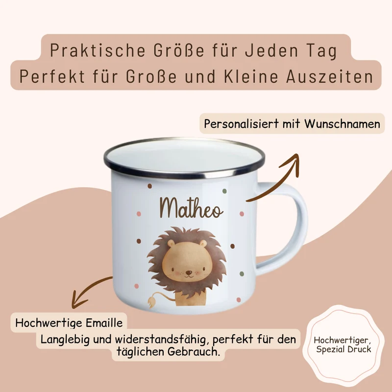 Emaille Kinder Tasse - Löwe, Tiger, Elefant, Hase, Bär und Giraffe