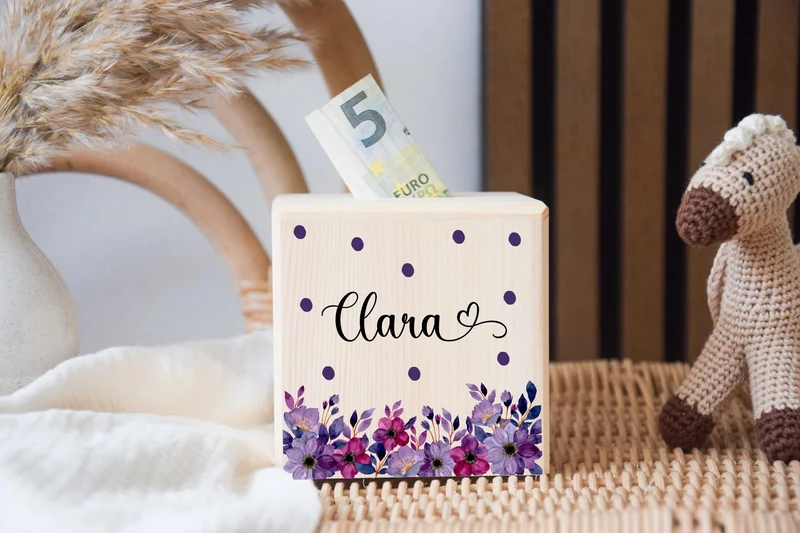 Spardose mit Lila Blumen