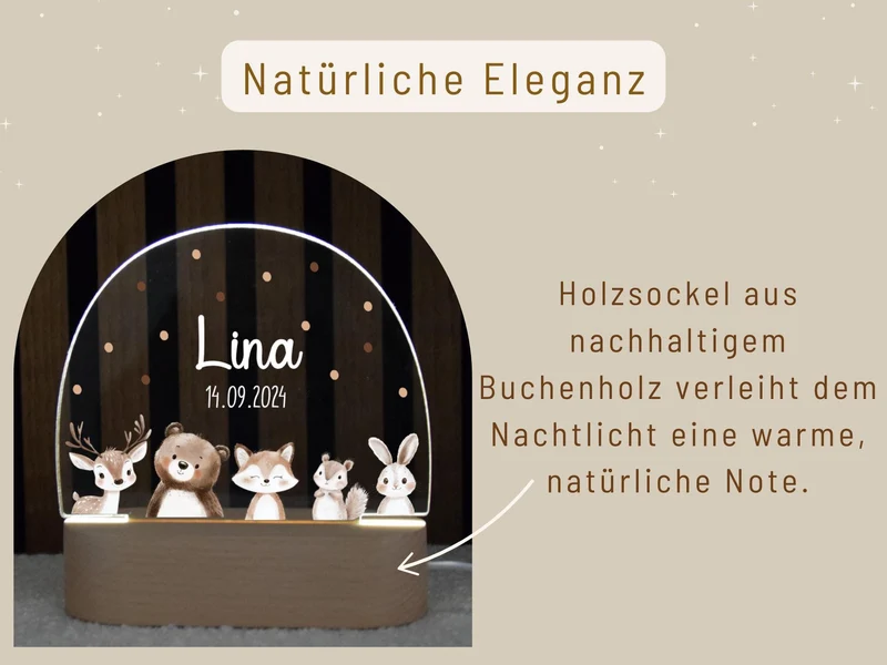 Nachtlicht mit Tieren, Reh, Bär, Fuchs, Hase und Eichhörnchen