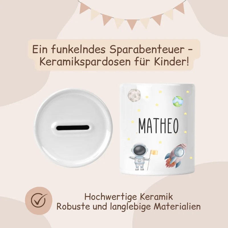 Spardose Keramik - Weltall mit Astronaut und Rakete