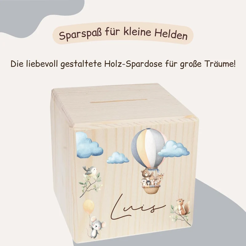 Spardose mit Tieren und Heißluftballon