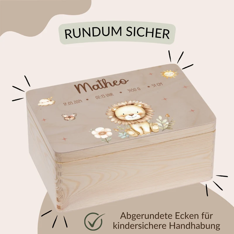 Erinnerungskiste - Tiermotiven, Löwe, Bär, Hase, Reh, Einhorn und Waschbär