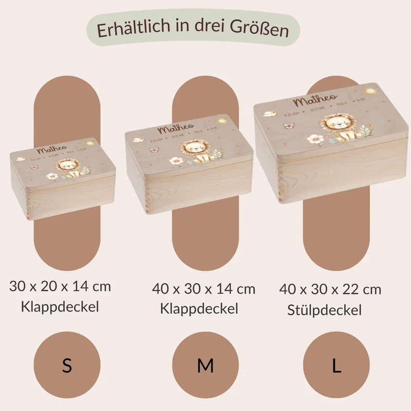 Erinnerungskiste - Tiermotiven, Löwe, Bär, Hase, Reh, Einhorn und Waschbär