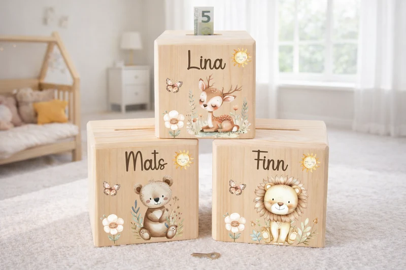 Spardose Kinder - mit Waldtieren, Löwe, Bär, Hase, Reh, Einhorn und Waschbär