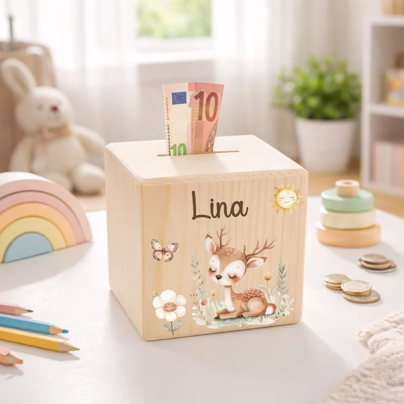 Spardose Kinder - mit Waldtieren, Löwe, Bär, Hase, Reh, Einhorn und Waschbär