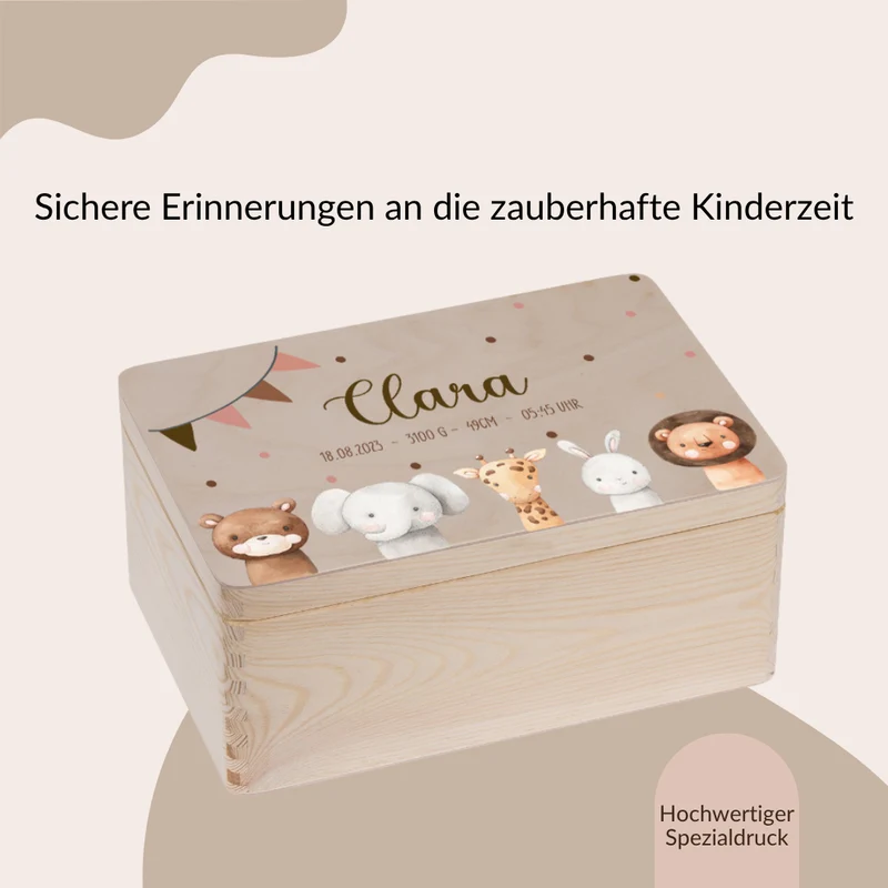 Erinnerungskiste mit Tieren Bär, Hase, Löwe, Elefant und Giraffe