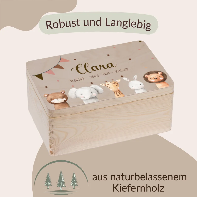 Erinnerungskiste mit Tieren Bär, Hase, Löwe, Elefant und Giraffe