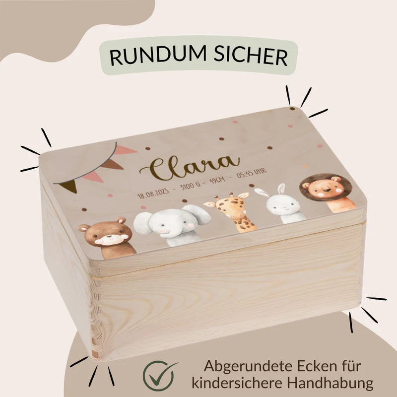 Erinnerungskiste mit Tieren Bär, Hase, Löwe, Elefant und Giraffe